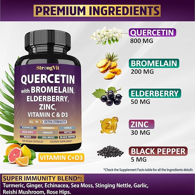 Quercetin with Bromelain, Elderberry, Vitamin C, D3 and Zinc. Super Immune Support Supplement. Organic Complex for Men & Women, Non-GMO, Gluten-Free, Vegan, USA (120 Capsules)