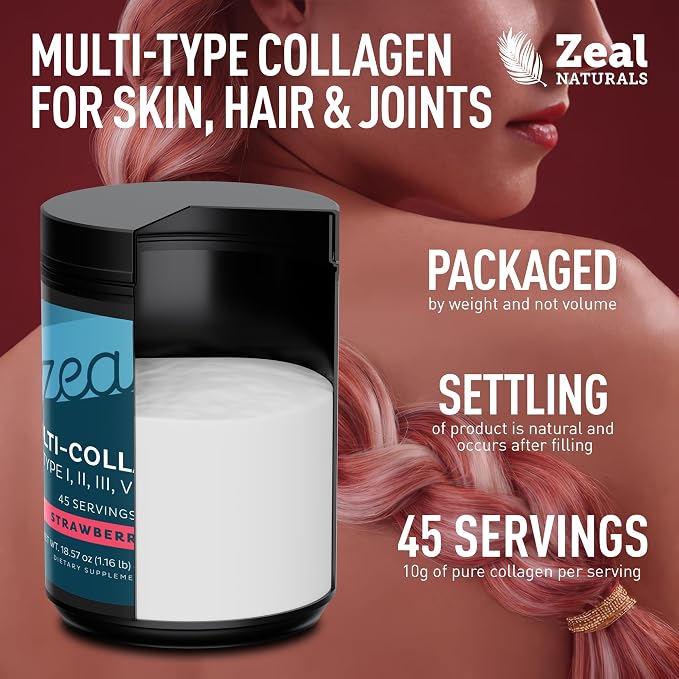 Zeal Naturals Multi Collagen Protein Peptides Powder Types I II III V X - Vitamin C, Biotin & Hyaluronic Acid - Hair, Skin & Nails - Marine, Bovine, Chicken & Eggshell - Strawberry, 45 Servings