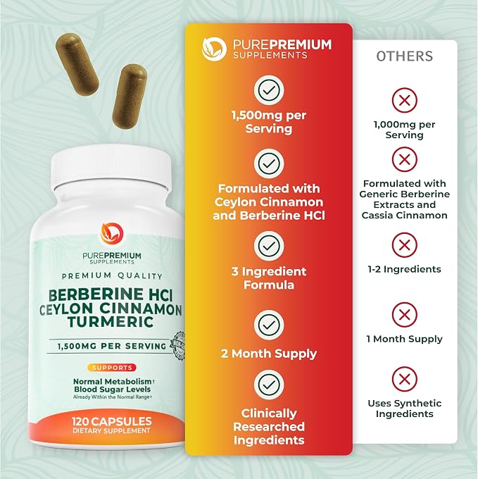 PurePremium Berberine with Ceylon Cinnamon Complex - 1500mg Berberine Supplement HCl, Cinnamon & Turmeric Supplement Supports Blood Sugar Levels Already Within Normal Range - 2 Month Supply, 120ct