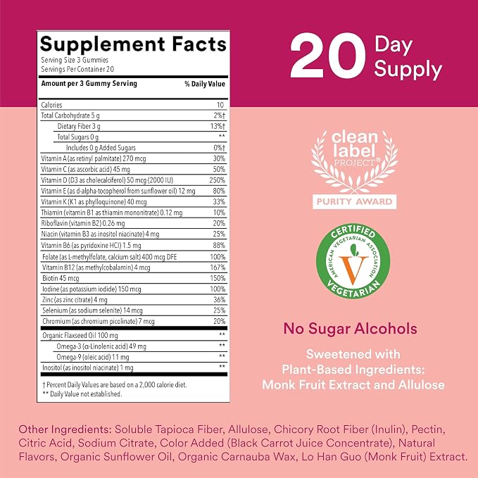 SmartyPants Women's Multivitamin Gummies, Sugar Free: Biotin, Methylfolate, Omega 3 (ALA), Vitamin D3, C, Vitamin B12, B6, A, K & Zinc, Inositol, Gluten Free, 60 Count (20 Day Supply)