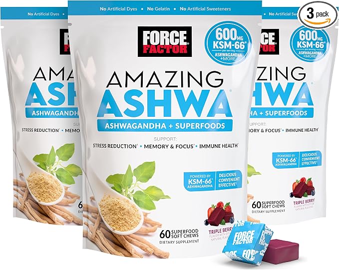 Force Factor Amazing Ashwa Supplement, 180 Soft Chews | Stress Relief, Memory & Focus Support, Immune Support, KSM-66 Ashwagandha