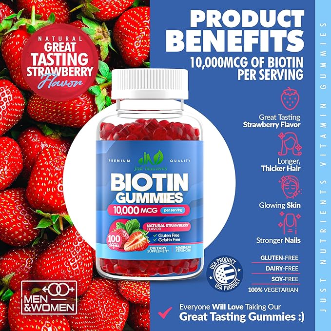 Biotin 10,000mcg Gummies for Hair Growth, Skin & Nails (100 Count) - 2x Maximum Strength Biotin Vitamins for Women & Men - Gluten-Free, Vegan, Non-GMO, Great Tasting Strawberry Flavor - 100 Gummies