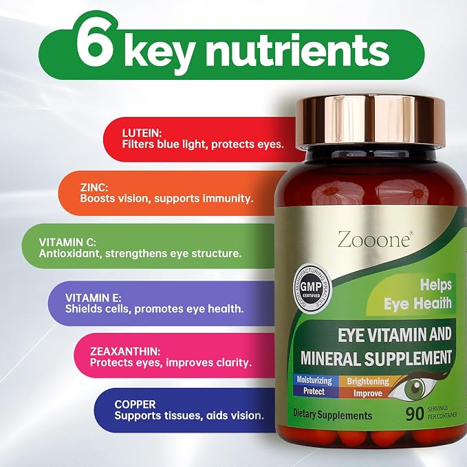 zooone Lutein and Zeaxanthin Eye Vitamins, Eye Vitamin and Mineral Supplement with Vitamin C E Zinc Copper, Vision Support for Macular Degeneration, Eye Health Pills for Adults & Seniors, 90 Capsules