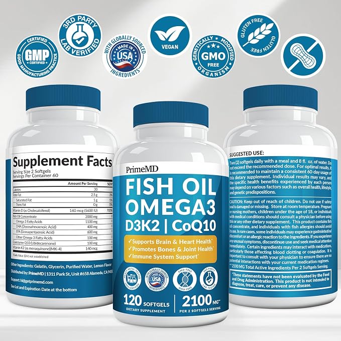 5-in-1 Fish Oil Omega 3 Fatty Supplements (2100mg) - Omega 3 Fish Oil with Vitamins D3 K2 and CoQ10 - Lemon Flavored (120 softgels, Pack of 4)