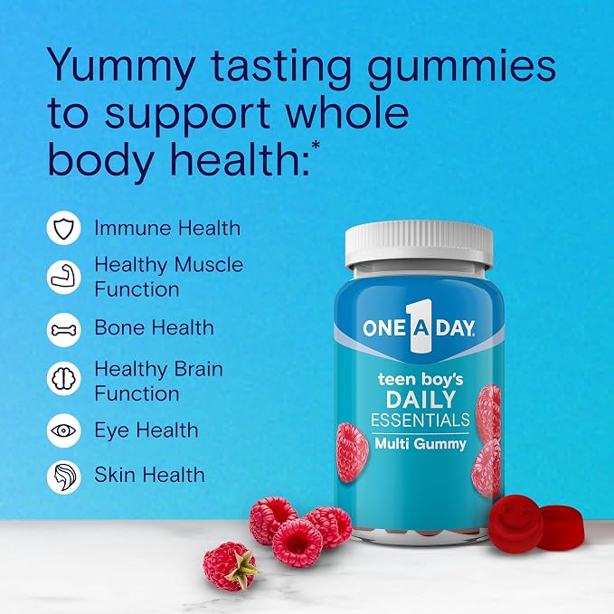 ONE A DAY Teen Boy’s Daily Essentials Multivitamin Gummies,Teen Boy Vitamins with Vitamin C,Vitamin D,Bone Health,Immune Health,Raspberry Natural Flavor,120 Gummies,(Pack of 2)