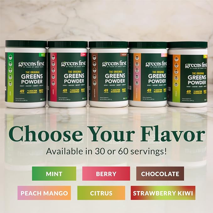 Greens First Original Greens Powder - 49 Superfoods - Organic Fruits & Veggies - Prebiotics, Probiotics & Digestive Enzymes - Antioxidant Smoothie - Dairy Free/Vegan/Non-GMO (Citrus, 30 Servings)