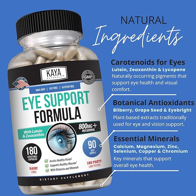 Kaya Naturals Eye Health Supplement - Lutein & Zeaxanthin - Supports Eye Strain, Dry Eyes, and Vision Health - 800mg Vitamin Supplement - 180 Count