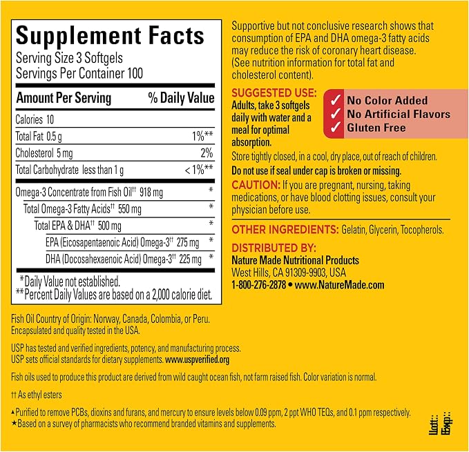 Nature Made Omega 3 Fish Oil Supplements, 550mg Per Serving, Fish Oil Omega 3 Supplements as Ethyl Esters for Healthy Heart Support, 300 Softgels, 100 Day Supply