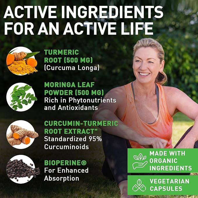 PIUS NATURE Turmeric Moringa - Organic Turmeric Curcumin Supplements and Organic Moringa Powder - 120 Veggie Capsules Supplement for Women and Men