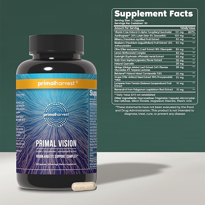 Primal Harvest Primal Vision with Lutein, Zeaxanthin, Vitamin A and Zinc for Eye Health, Blue Light Support and Visual Clarity 2 Pack