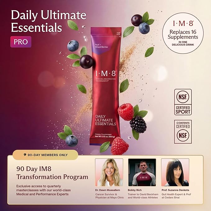 IM8 Daily Ultimate Essentials All-in-One Multivitamin Supplement, 92 Nutrient Rich Ingredients CoQ10, Probiotics, Vitamins, Greens, Gluten Free, Vegan (30 Packets, Acai and Mixed Berries)