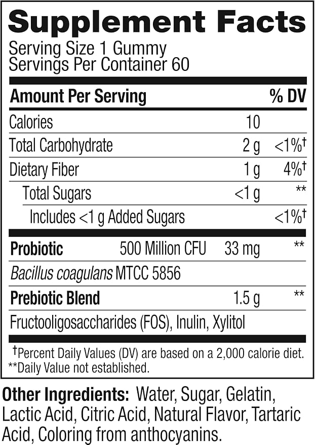 OLLY Probiotic + Prebiotic Gummy,Digestive Support and Gut Health,500 Million CFUs,Fiber,Adult Chewable Supplement for Men and Women,Peach,60 Day Supply -,60 Count (Pack of 2)