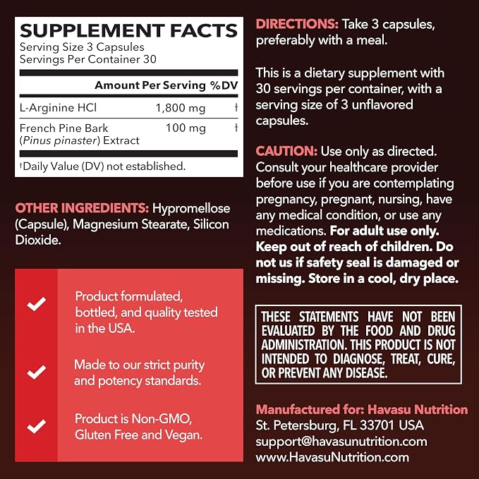 L-Arginine 1800mg and Pine Bark Extract 100mg - Nitric Oxide Supplement for Men - Performance Supplement for Men's Health - 90 Count - Endurance, Recovery Support - Vegan, Non-GMO Capsules