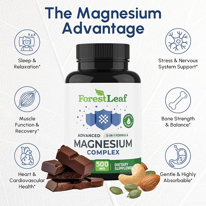 ForestLeaf Magnesium Complex for Women and Men - 500mg Magnesium Supplement for Sleep - 5-in-1 Chelated Magnesium Citrate, Bisglycinate, Malate, Taurate, Oxide (120 Ct)