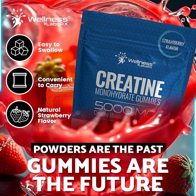 WELLNESS LABSRX Creatine Gummies 5000mg, 30 Servings Creatine Monohydrate Gummies, Strawberry Flavor Creatine for Men - Pack of 2