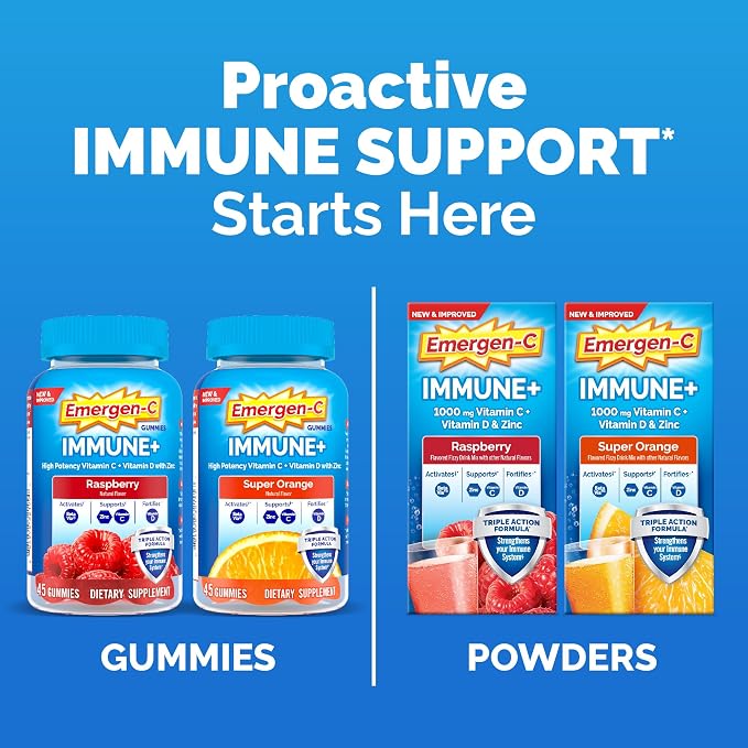 Emergen-C Immune+ Triple Action Immune Support Powder, BetaVia (R), 1000mg Vitamin C, B Vitamins, Vitamin D and Antioxidants, Raspberry – 30 Count