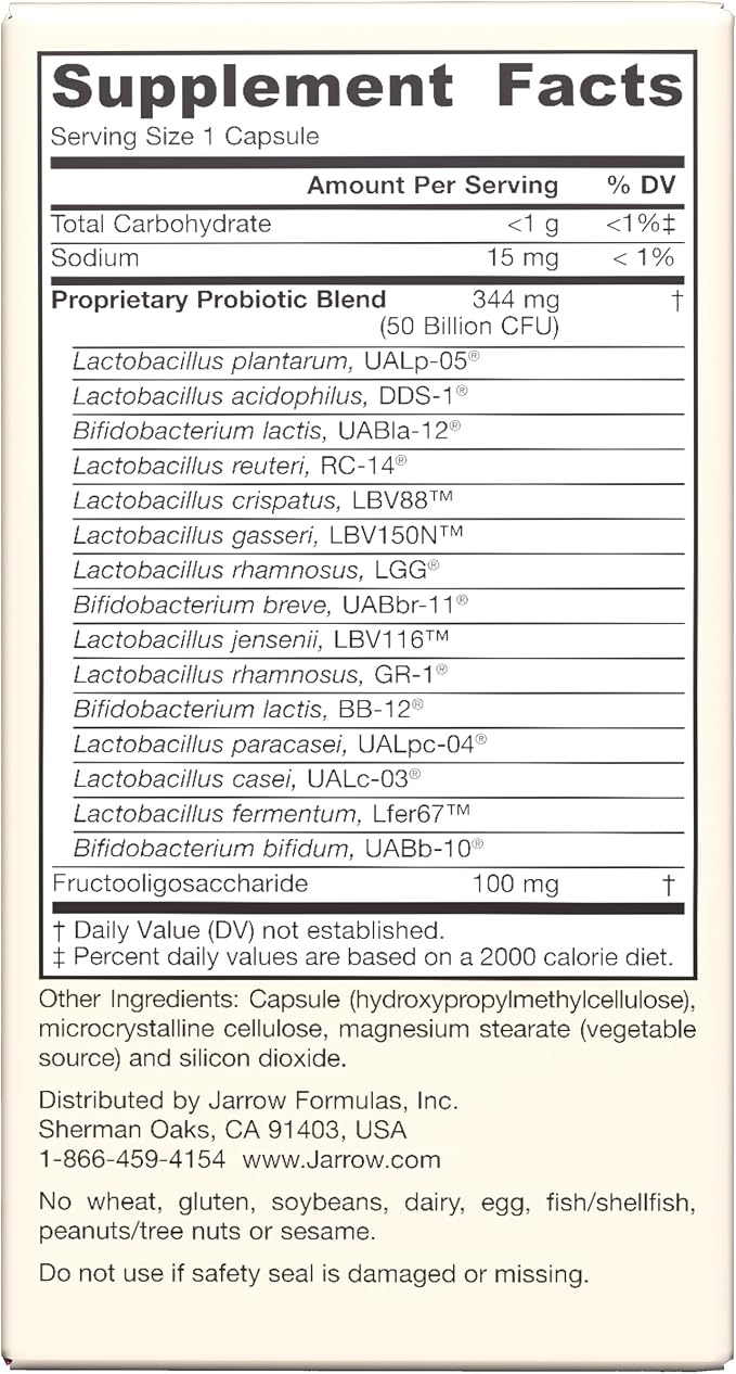 Jarrow Formulas Fem-Dophilus Vaginal & Digestive Probiotic 50 Billion CFU, 9 Clinically-Studied Strains, for Vaginal Flora & Yeast Balance, Urinary Tract, Digestive, & Immune Support, 30 Capsules