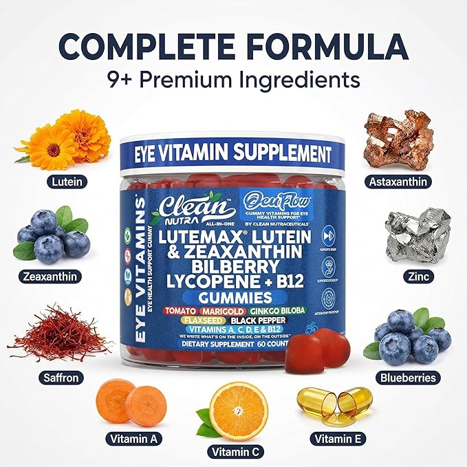 Clean Nutra Lutein and Zeaxanthin Eye Vitamins Gummies + Bilberry for Eyes Vision Support Ginkgo Biloba Marigold, Vitamin B12 Flaxseed Black Pepper CoQ10 Vitamin A l 60 Count B OcuFlow