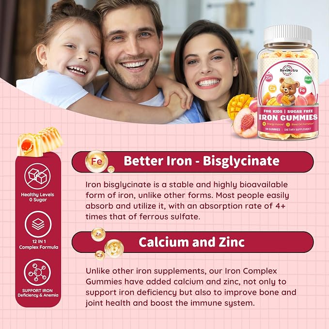 Iron Supplement Gummies for Kids - with Calcium, Zinc, Kids Multivitamin with Iron Gummies - Immune Support, Blood Builder & Energy Support for Iron Deficiency, Anemia, Peach & Mango Flavor, 60 Count