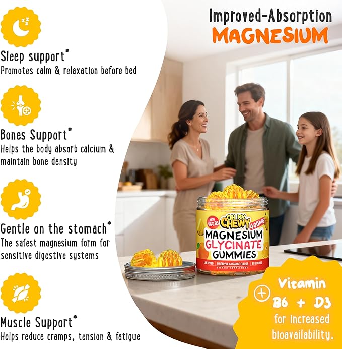 Center-Filled Magnesium Glycinate Gummies 400MG - High Absorption for Kids, Teens & Adults - Supplement for Sleep, Calm & Muscle Relaxation with B6 & D3 - Gluten Free & Vegan Friendly - 60 Count