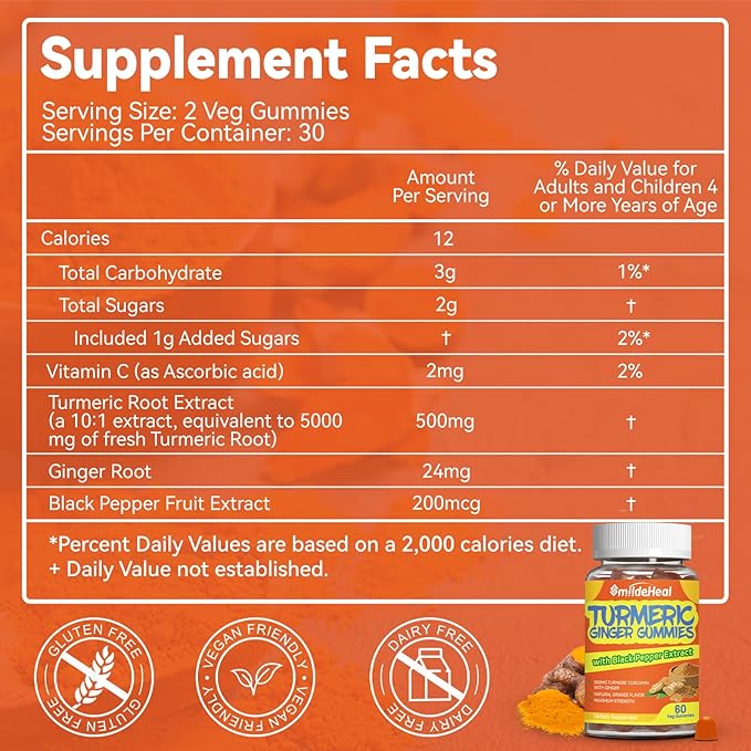 Turmeric Curcumin Gummies 500mg, with Turmeric Root Extract, Ginger Root, Black Pepper Extract, Antioxidant Support, Orange Flavor Gummies, 60 Count (Pack of 2)