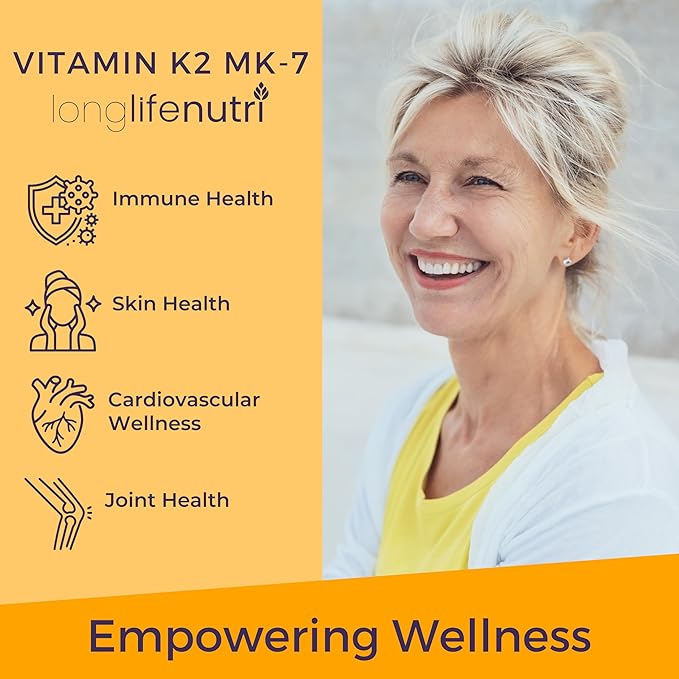 LongLifeNutri Vitamin K2 MK-7 100mcg – Nutrient Support for Bones and Circulation, 120 Vegetarian Capsules, 4-Month Supply, Lab Tested, Made in the USA, Non-GMO