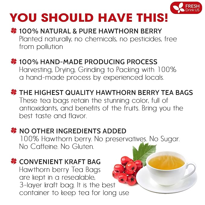 FreshDrinkUS, Premium Hawthorn Berry Tea - 40 Tea Bags - 100% Natural Herbal Infusion, Caffeine-Free, Rich Aroma & Smooth Taste. Vegan