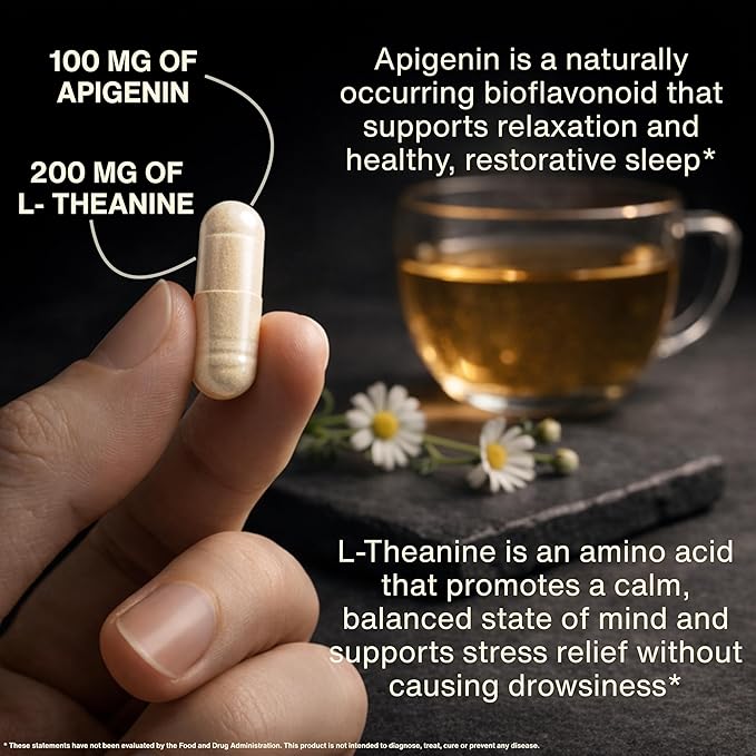 Apigenin 100mg with L-Theanine 200mg Supplement Capsules for Sleep Support, Relaxation, Clarity & Calm | Melatonin Free | 60 Vegan Capsules