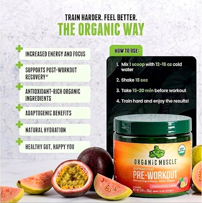 Organic Muscle Organic Pre Workout Powder, Passionfruit Guava — USDA Organic Superfood Blend | Maca, Beet Root, Cordyceps, Rhodiola | 150mg Natural Caffeine, Vegan, No Jitters, 20 Servings