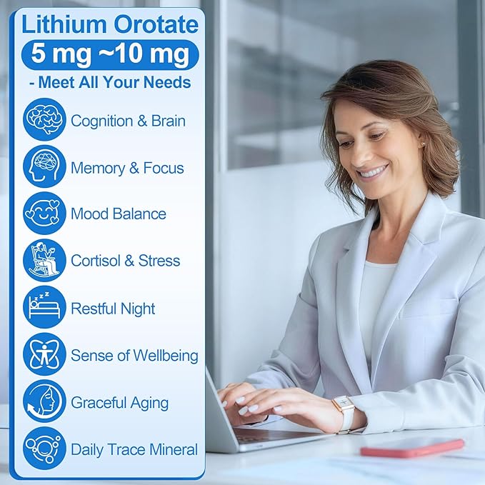 12-in-1 Lithium Orotate 5mg 10mg with Ashwagandha & L-Theanine, Lithium Orotate for Mood, Calm, Cognitive & Brain, High Bioavailability Trace Mineral, Lemon Balm, Magnesium Glycinate, 2 Pack
