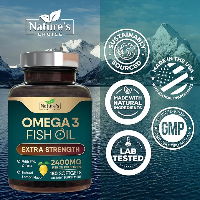 Omega 3 Fish Oil Supplements - 2400mg Fish Oil Per Serving - Triple Strength Omega-3 with Fatty Acids EPA & DHA - Natural Heart, Brain & Immune Support - Wild Caught, Bottled in USA - 180 Softgels