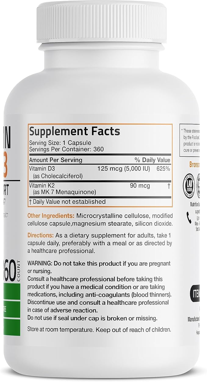 Bronson Vitamin K2 (MK7) with D3 Supplement Non-GMO Formula 5000 IU Vitamin D3 & 90 mcg K2 MK-7 Easy to Swallow D & K Complex, 360 Capsules