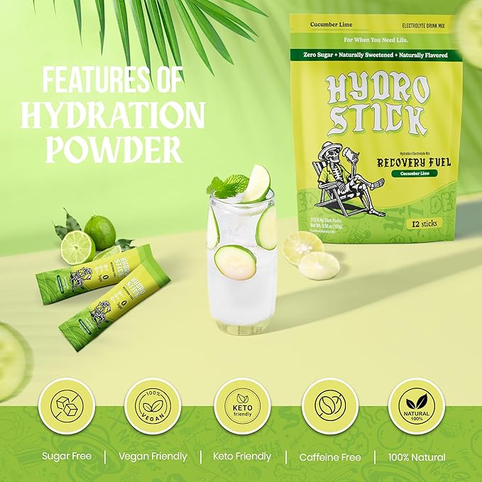 Electrolyte Powder Drink Mix | Glutathione, L-Theanine, Vitamins B6 & B12, Ginger & Magnesium for Hydration & Liver Health | Sugar-Free, All-Natural, Immune Support - Cucumber Lime | 12 Pack
