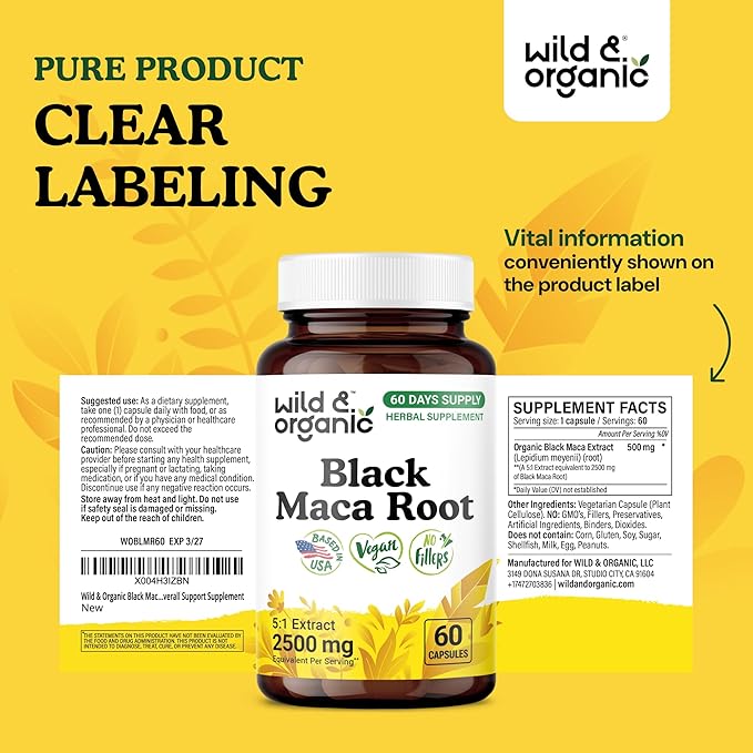 Wild & Organic Black Maca Root Capsules for Women & Men 500 mg - Maca Root Extract for Overall Support - 60 Vegan Capsules - Men & Women Supplement - 60 Days Supply - Non-GMO, No Fillers, Gluten-Free