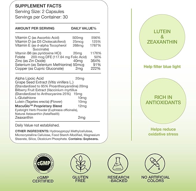 EyeScience – Macular Health Formula – Capsules – Complete Nutritional Supplement for Eye Health - Contains Lutein, Zeaxanthin, Vitamin C, D, E & B6 (60 Count (Pack of 1))
