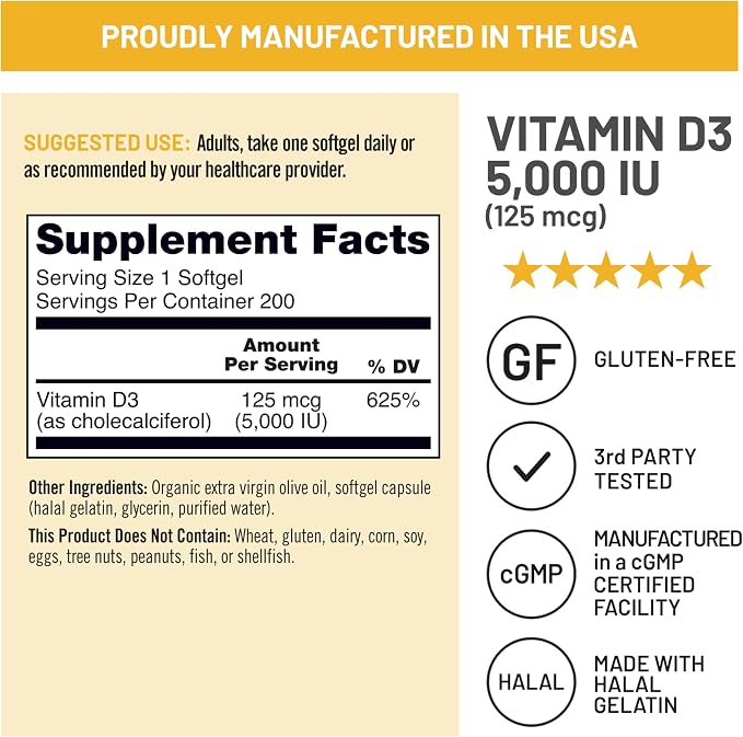 NatureWise Vitamin D3 5000iu (125 mcg) 200-Day Supply for Immune Support, Healthy Muscle Function, and Bone Health - Non-GMO, Gluten Free in Organic Extra Virgin Olive Oil, (Mini Softgel), 200 Count