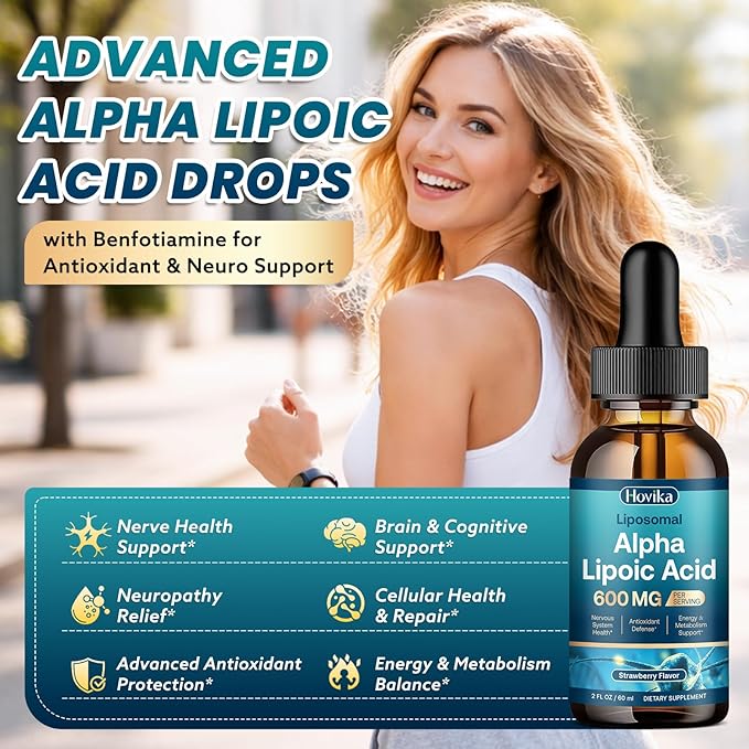 Liposomal Alpha Lipoic Acid Liquid Drops 600mg - Neuropathy Supplements Liquid for Nerve, Energy & Metabolic Support with Benfotiamine, Turmeric, Selenium & C, E & B12, Strawberry 2 Fl Oz