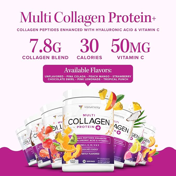 Multi Collagen Peptides Powder for Women - Hydrolyzed Flavored Collagen Powder for Women with Types I II III V & X Vitamin C & Hyaluronic Acid for Hair Skin and Nails (Strawberry) - 30 Servings