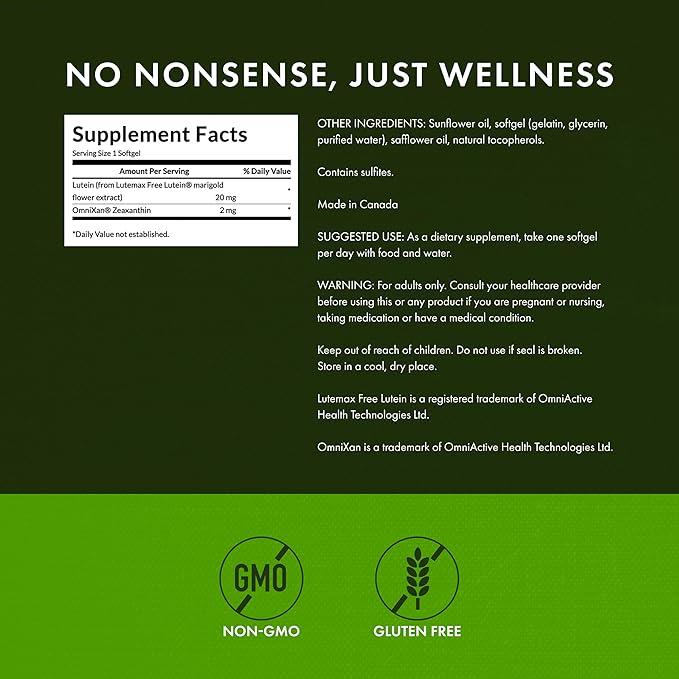 Swanson Synergistic Eye Health - Lutein and Zeaxanthin Supplement - 60 Softgels - Lutemax Lutein 20 mg and OmniXan Zeaxanthin 2 mg for Vision Support