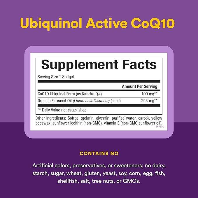 Natural Factors Ubiquinol 100 mg - Supports Heart Health & Natural Vitality - Antioxidant Support Supplement with Superior Absorption - Energy Support with Flaxseed Oil - 120 Softgels (120 Servings)