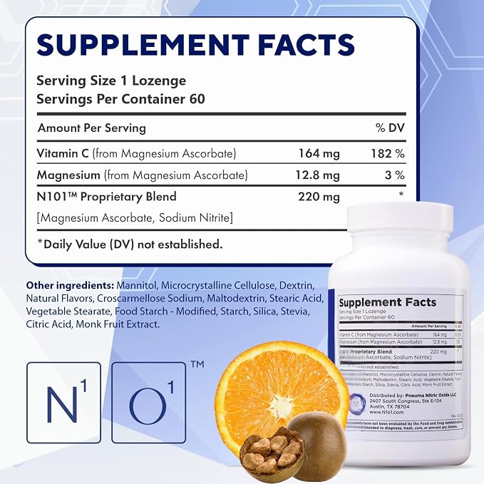 N1O1 Nitric Oxide Lozenges - 60 Count - Nitric Oxide Supplement for Heart Health, Circulation, Energy, Blood Flow, Oxygenation, Healthy Blood Pressure, Cardiovascular Support for Men & Women