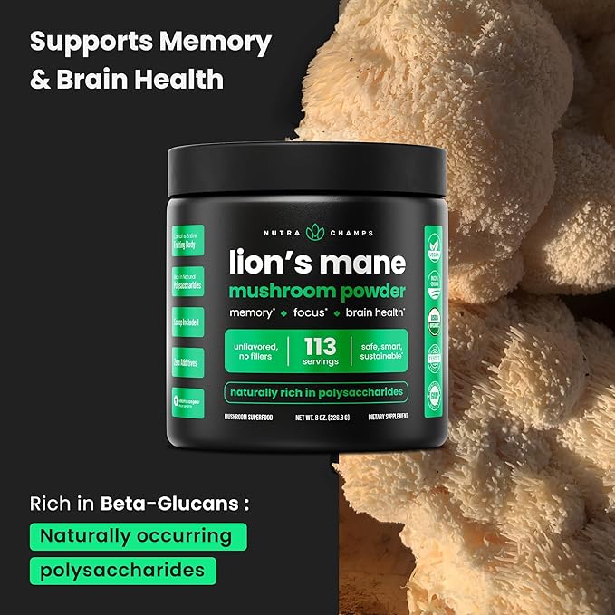 NutraChamps Organic Lions Mane Powder - 2000mg Powerful Nootropic for Memory, Focus, Immune Support - Vegan Lion’s Mane Mushroom Powder Supplement with Naturally Occurring Beta-Glucans - 8oz