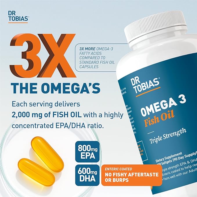 Dr. Tobias Omega 3 Fish Oil 2000mg Triple Strength with 800mg EPA 600mg DHA Per Serving | Fish Oil Omega 3 Supplements for Heart Brain & Immune Support - 60 Softgels (30 Servings)