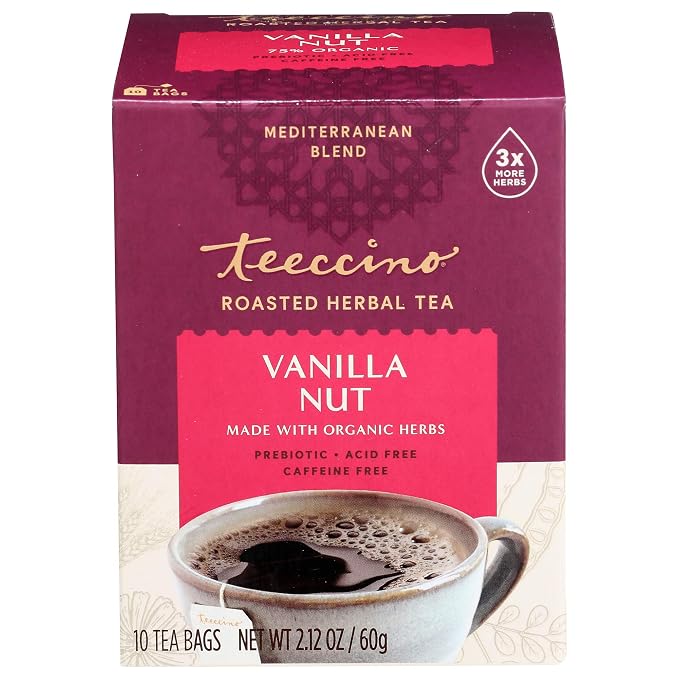 Teeccino Vanilla Nut Herbal Tea - Rich & Roasted Herbal Tea That’s Caffeine Free & Prebiotic for Natural Energy, 10 Tea Bags