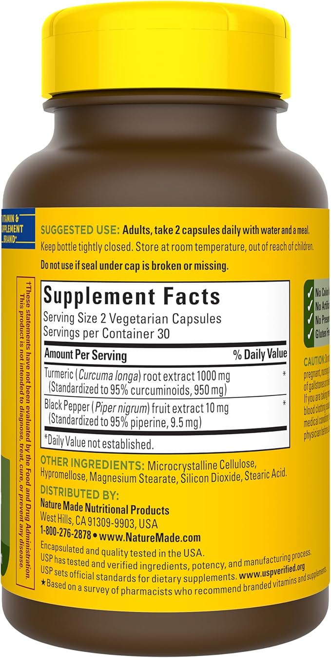 Nature Made Extra Strength Turmeric Curcumin with Black Pepper, 1000mg Turmeric Extract per serving (Standardized to 95% Curcuminoids), Supports Healthy Inflammation Response, 60 Vegetarian Capsules
