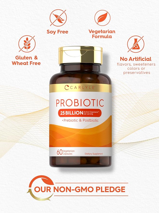 Carlyle Probiotic with Prebiotics & Postbiotics | 25 Billion CFU | 60 Capsules | Supplement for Women & Men | Powder Pills | Vegetarian, Non-GMO & Gluten Free