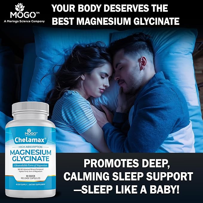 Chelamax Magnesium Glycinate.Dead Sea Sourced, 100% Chelated Magnesium for Sleep Support, Muscle Cramps, Bone Health. Made in USA, 3rd Party Tested,Heavy Metal Free,Glicinato de Magnesio Capsules.