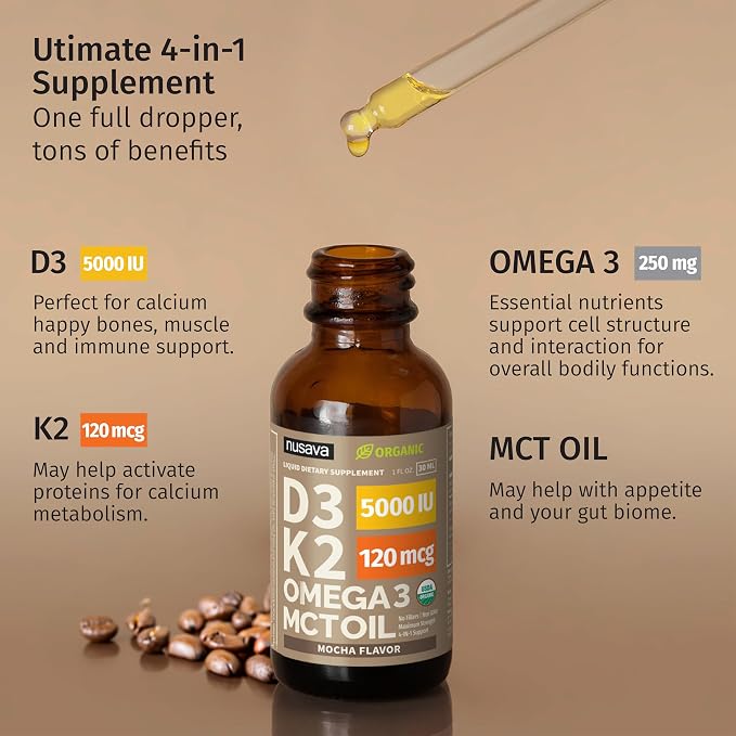 NUSAVA (2 Pack) Organic Vitamin D3 K2 Drops with MCT Oil Omega 3, 5000 IU, Maximum Strength Vitamin D Liquid, No Fillers, Non-GMO Liquid D3 for Faster Absorption and Immune Support (Mocha, 2 Fl Oz)