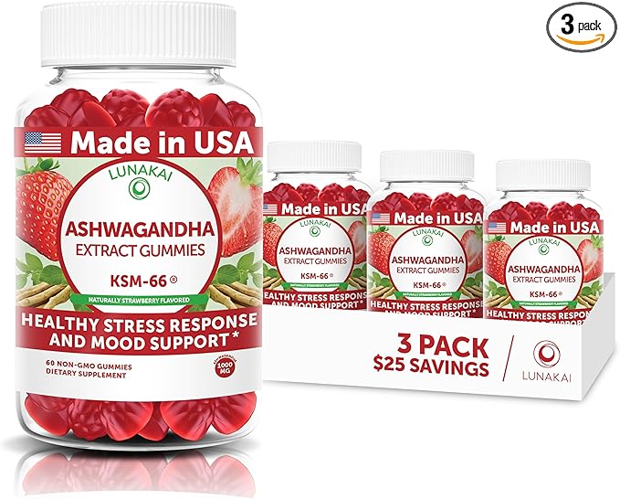 Lunakai USA Made KSM-66 Ashwagandha Gummies for Women & Men – Daily Vegan Supplement for Stress, Mood & Sleep Support – 3 Pack