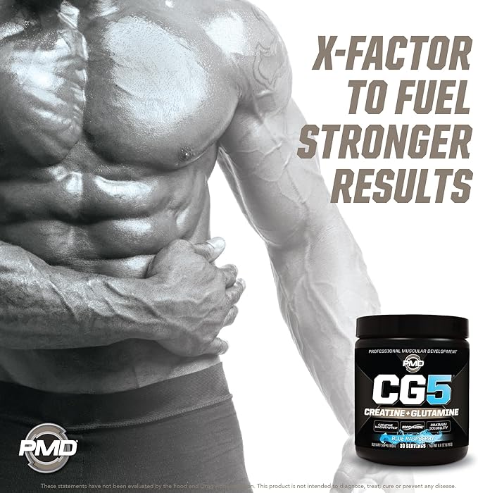 PMD Sports CG5 - Premium Creatine & L Glutamine Powder - Maximum Strength Power Recovery, Build Lean Muscle, Increase Workout Performance - Pre Workout & Post Workout - Blue Raspberry (30 Serv)